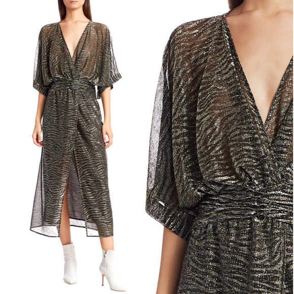 IRO Dresses & Skirts - IRO 2 Volsun DISCO Metallic Midi Dress $425 Sheer Zebra Wrap Sparkly Glitter